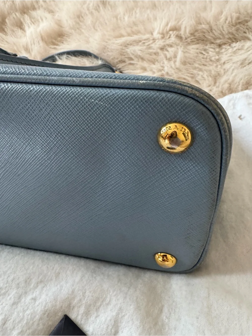 Prada Light Blue Saffiano Leather Satchel with Gold Hardware